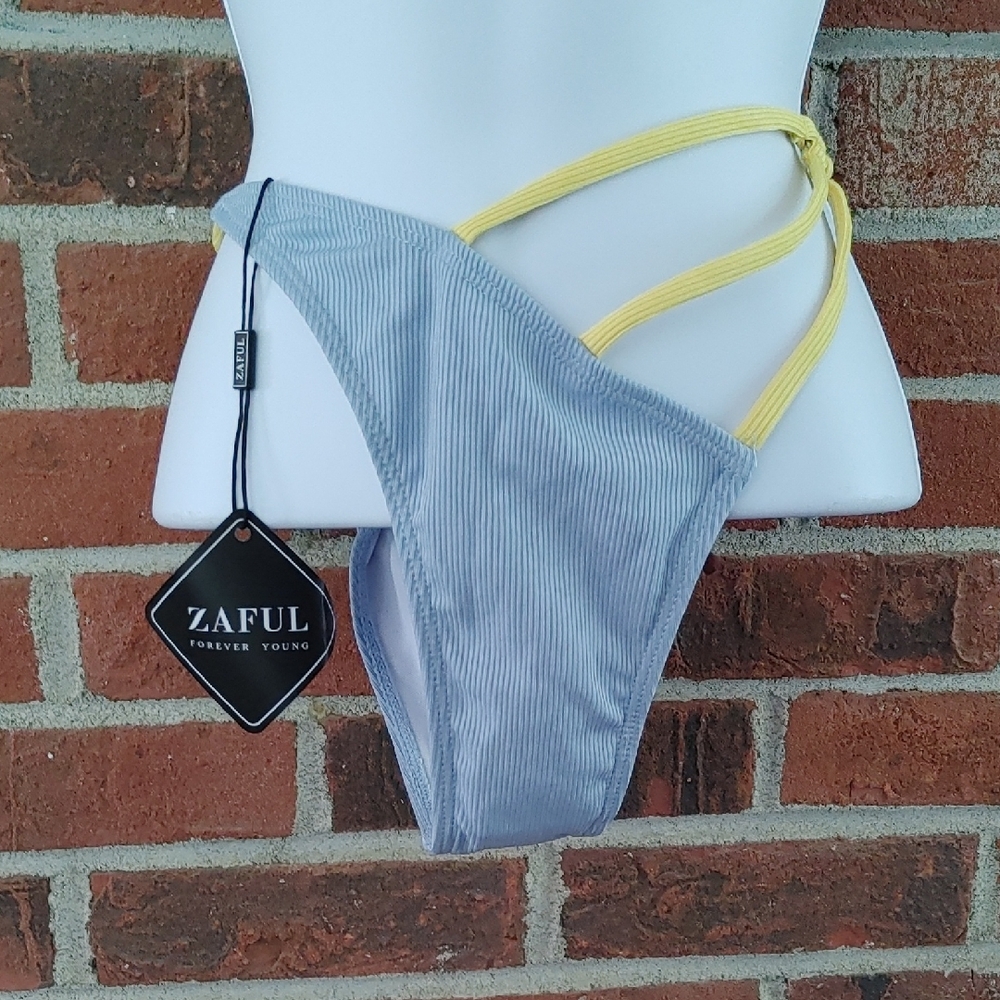 Zaful Blue and Yellow Ribbed Bikini Bottom Size 6